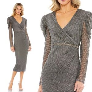 Mac Duggal 93674 Beaded Wrap Over Puff Long Sleeve Dress NWT Charcoal Gray